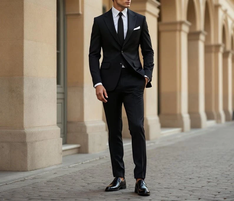 

Черный мужской костюм современного кроя, состоящий из двух частей, свадебная офисная одежда