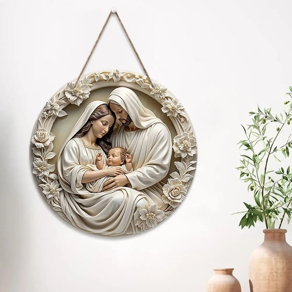 Colgante de nacimiento de Jesús plano 2D para fiesta, redondo de madera, decoración Ideal de Navidad, efecto en relieve, adornos de decoración de escenas de Natividad