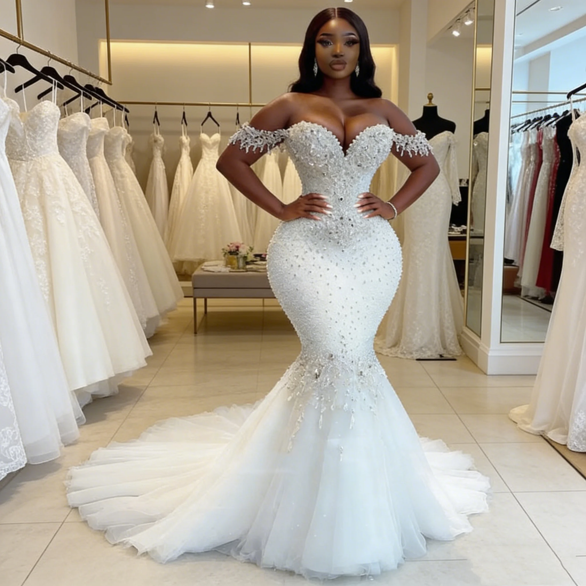 

Luxury Mermaid Wedding Dress Off Shoulder Sweetheart Beaded Tulle Overlay Bridal Gown Plus Size Vestidos De Novia Customized