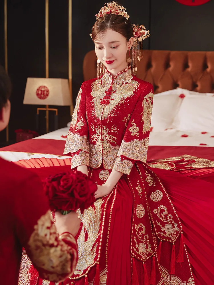 

2023 Cheongsam Tang Suit Sets Red Qipao Long Chinese Traditional Wedding Dress Oriental Style Xiuhe Hanfu Wedding Toast Dresses