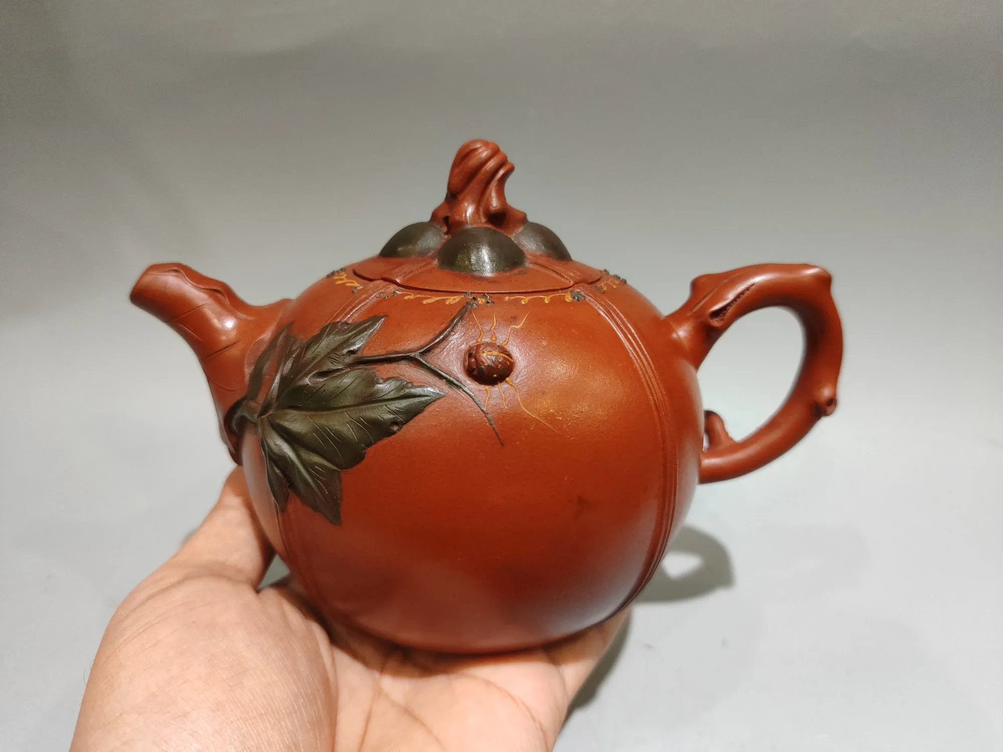 Yixing Teapot Purple Clay Pot  May everything go as you wish. leaf pattern Persimmon shaped pot Two tone lid pot Teapot Kettle