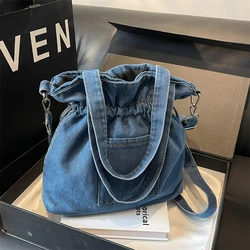 Casual Versatile Denim Bucket Shoulder Bags Simple Large Capacity String Retro Crossbody Bag for Women 2024 Fashion Tote on Sale