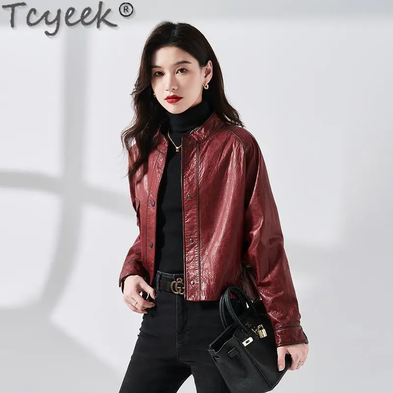 Tcyeek Real Leather Jacket Women Autumn Clothes Oil Wax Cowhide Coat Women's Motocycle Jackets 2024 Loose Fit Jaqueta Feminina