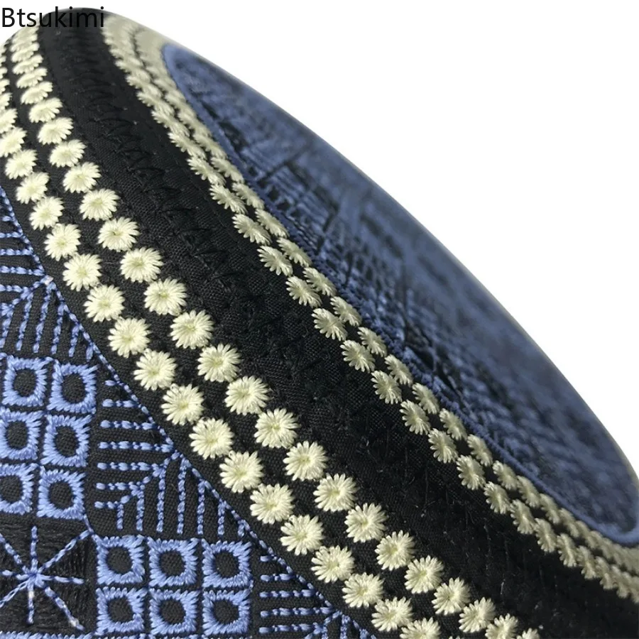 빈티지 자수 히잡 남성 기도 모자 인도 터번 모자 성인 통기성 쿠피 원형 모자 아라비아 이슬람 의류 무슬림 캡