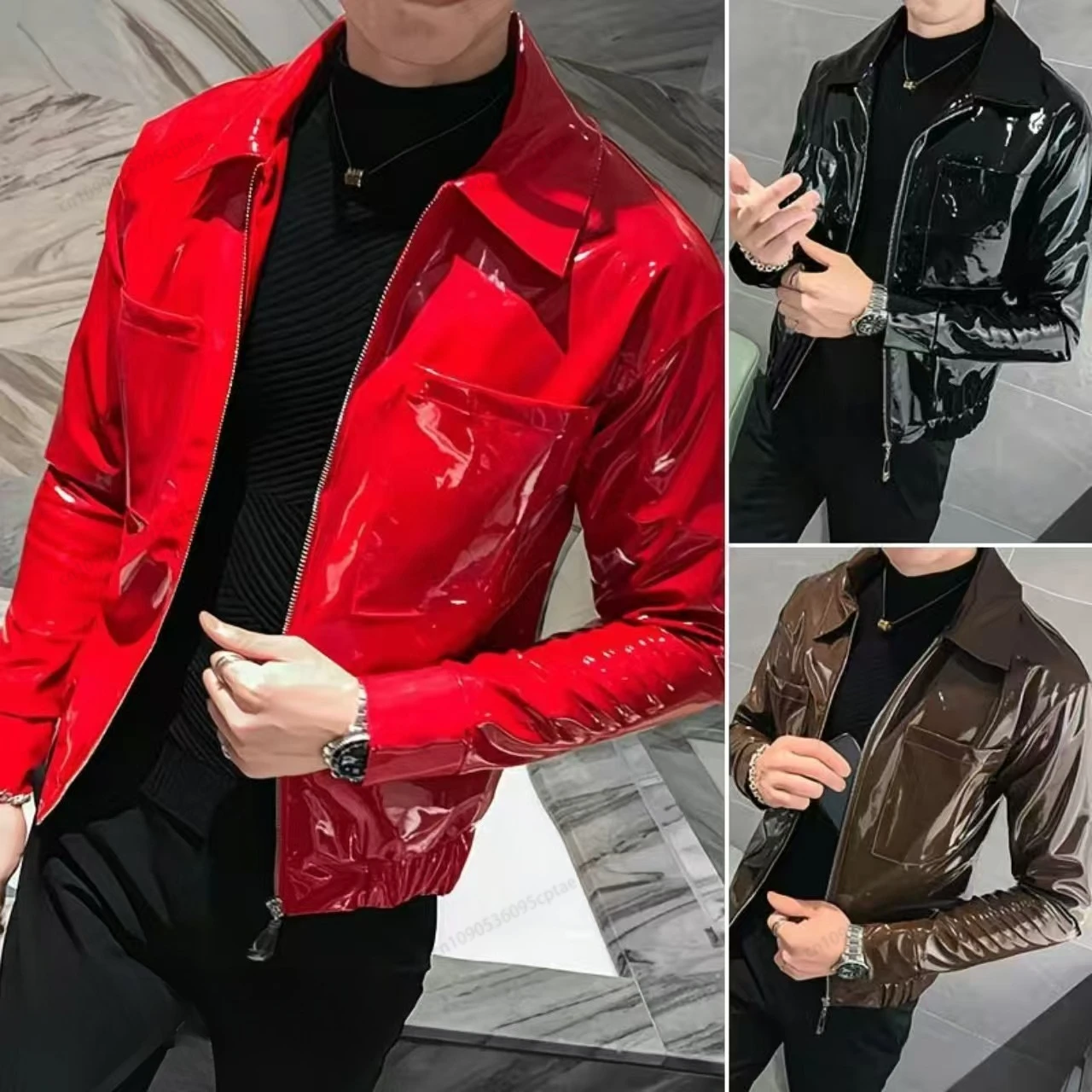 Shiny Leather Jacket Men's Stage Costume Red Black Brown Nightclub Club Men's Leather Jacket Solid Color Slim Men's Jacket Coats