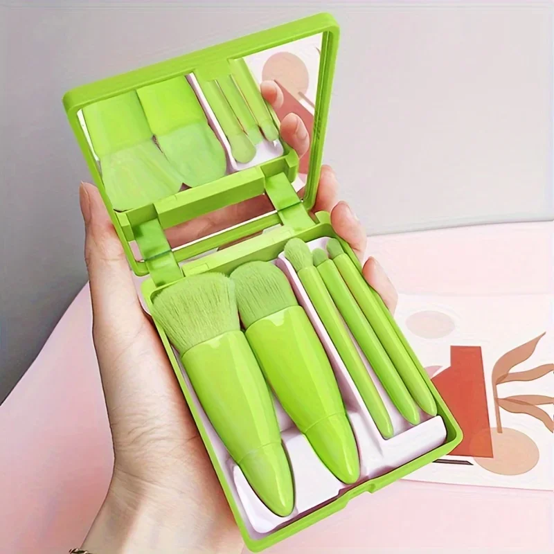 Ensemble de pinceaux de maquillage portables avec miroir, poils doux, design compact, idéal pour les voyages et les retouches, 5 pièces