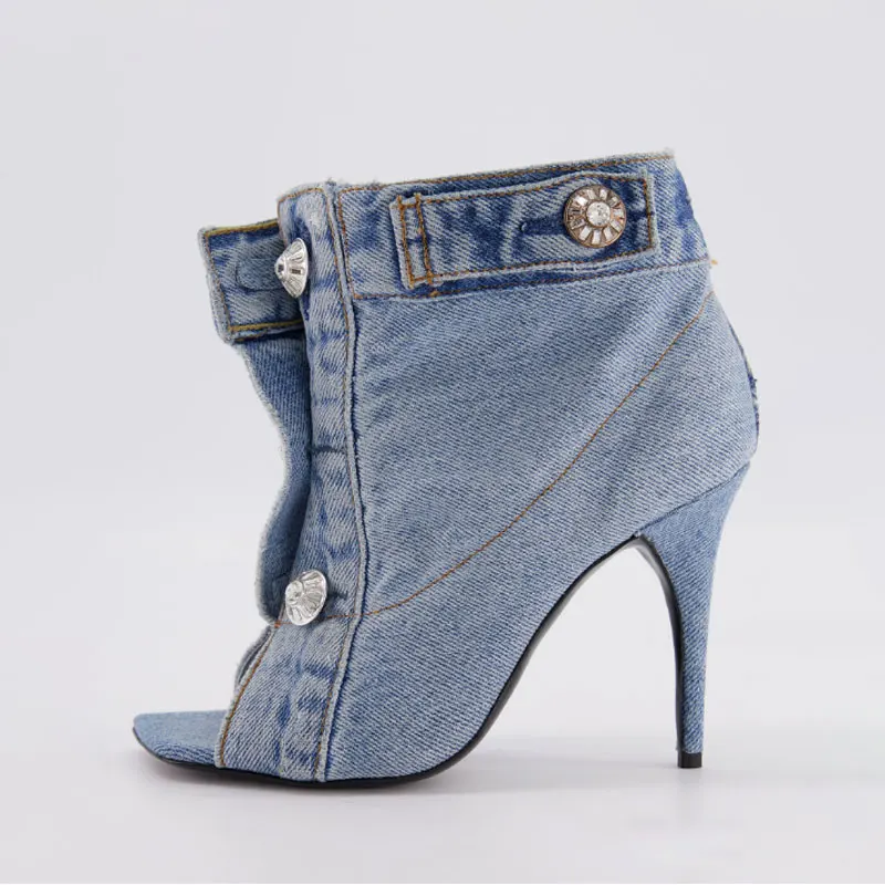 Women\'s Square Head Fish Mouth Open Toe Ultra High Heel Denim Personalized Button Decoration and Ankle Short Boots