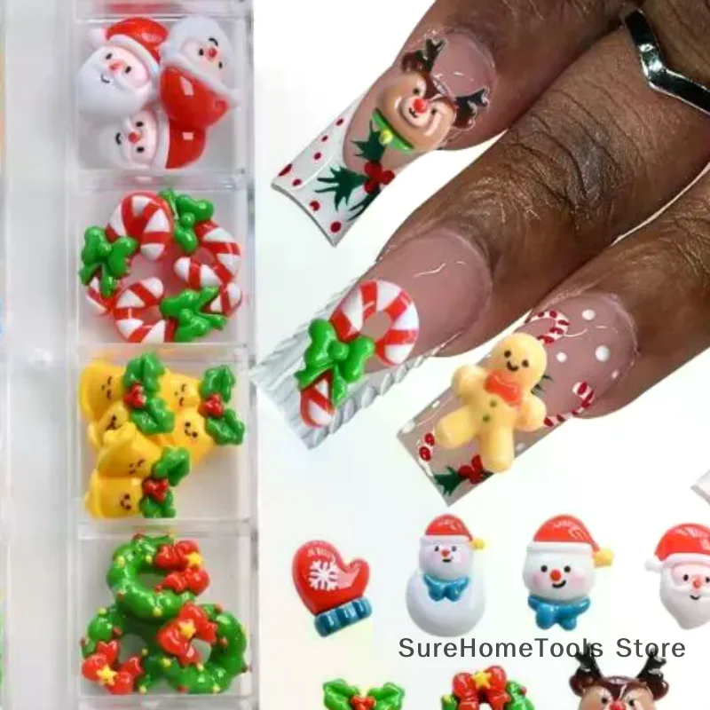 12 raster 36/60 stuks Kawaii Kerst 3D nagelbedels Sneeuwpop Kerstboom Rendier Kerstman Hars Steentjes Edelstenen voor nageldecoratie