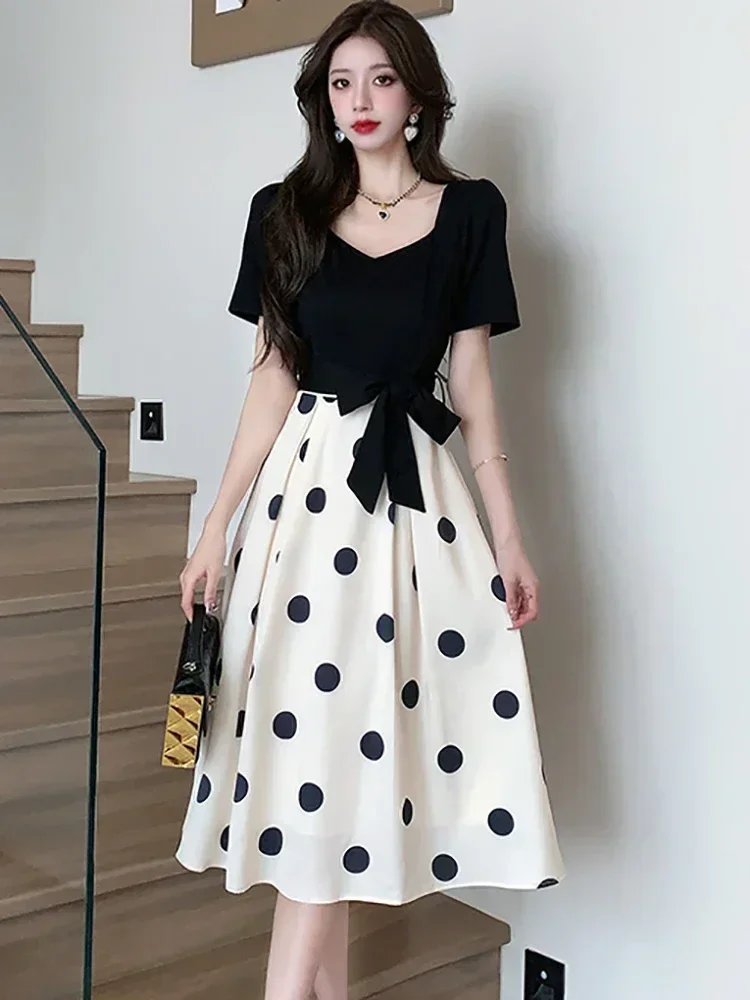 

Summer Black Patchwork Polka Dot Midi Dress Elegant Chic Bow Prom Clothes 2024 Korean Vintage Bodycon Party Evening Dress H90