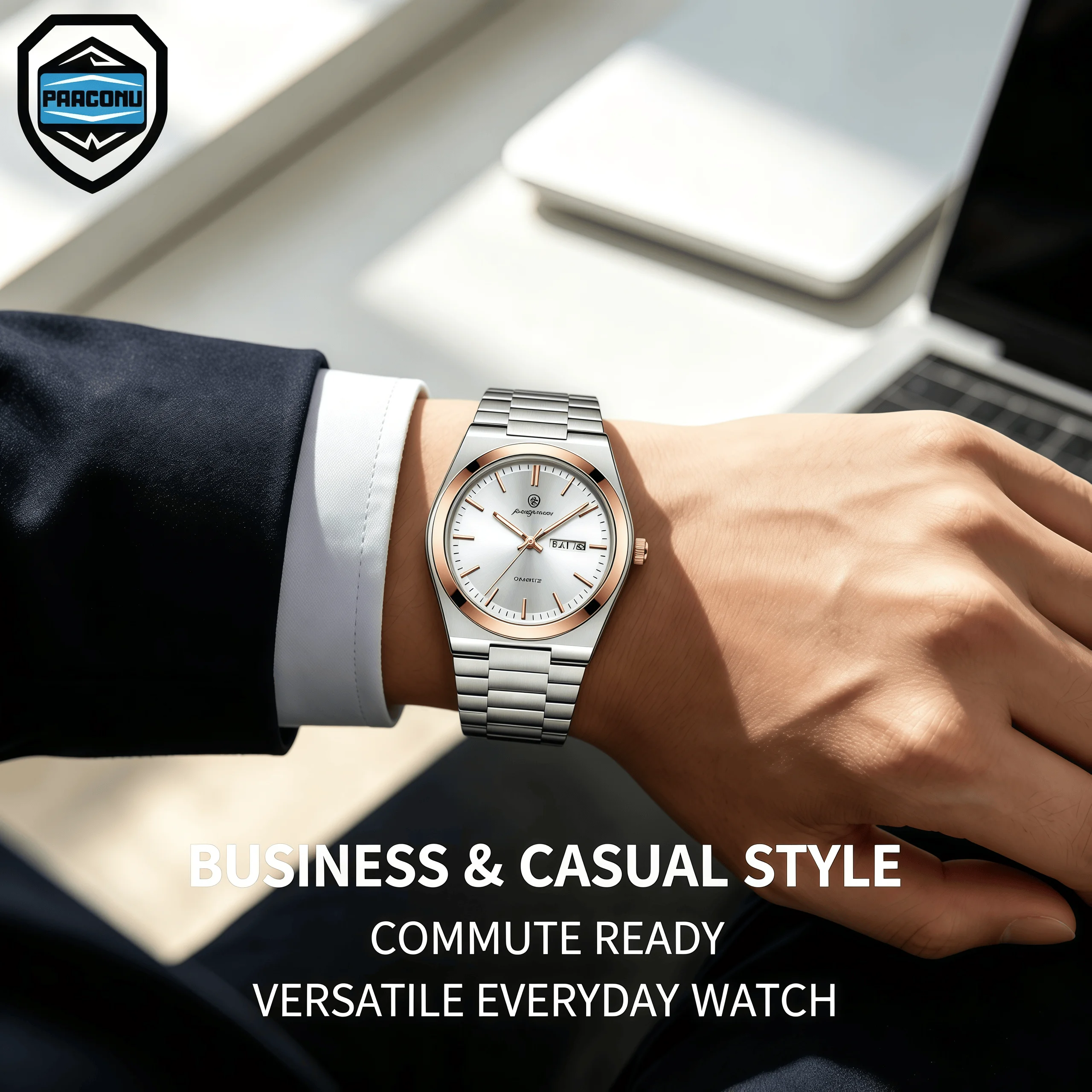 PAAZOMU Men Quartz Watch Luminous Hands Waterproof Stainless Steel Wristwatch Dual Calendar Date Week Display Business Male Wat