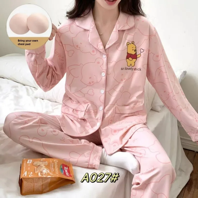 Cartoon Disney Winnie the Pooh pajamas winter new long-sleeved trousers two-piece set with chest pad loungewear women\'s pajamas