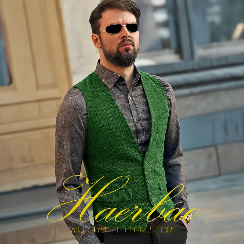 Khaki Men's Vest Suit Trendy Herringbone Sleeveless Jacket Vintage Steampunk Men's Waistcoat chaleco hombre