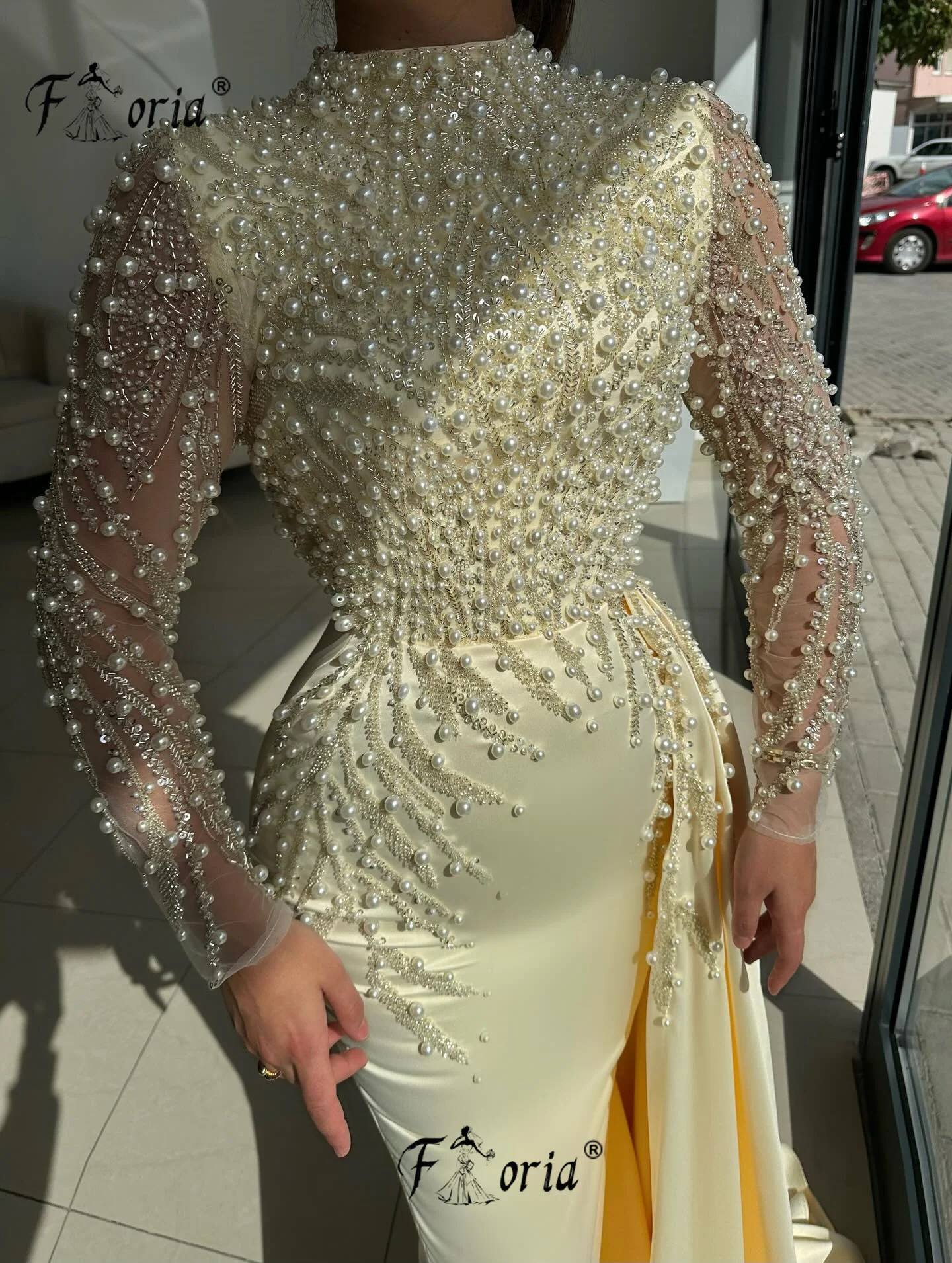 Elegant Pearl Beaded Mermaid Evening Dresses 2025 Middle East Long Sleeve Woman Prom Dress Muslim Wedding Guest Dress Customized