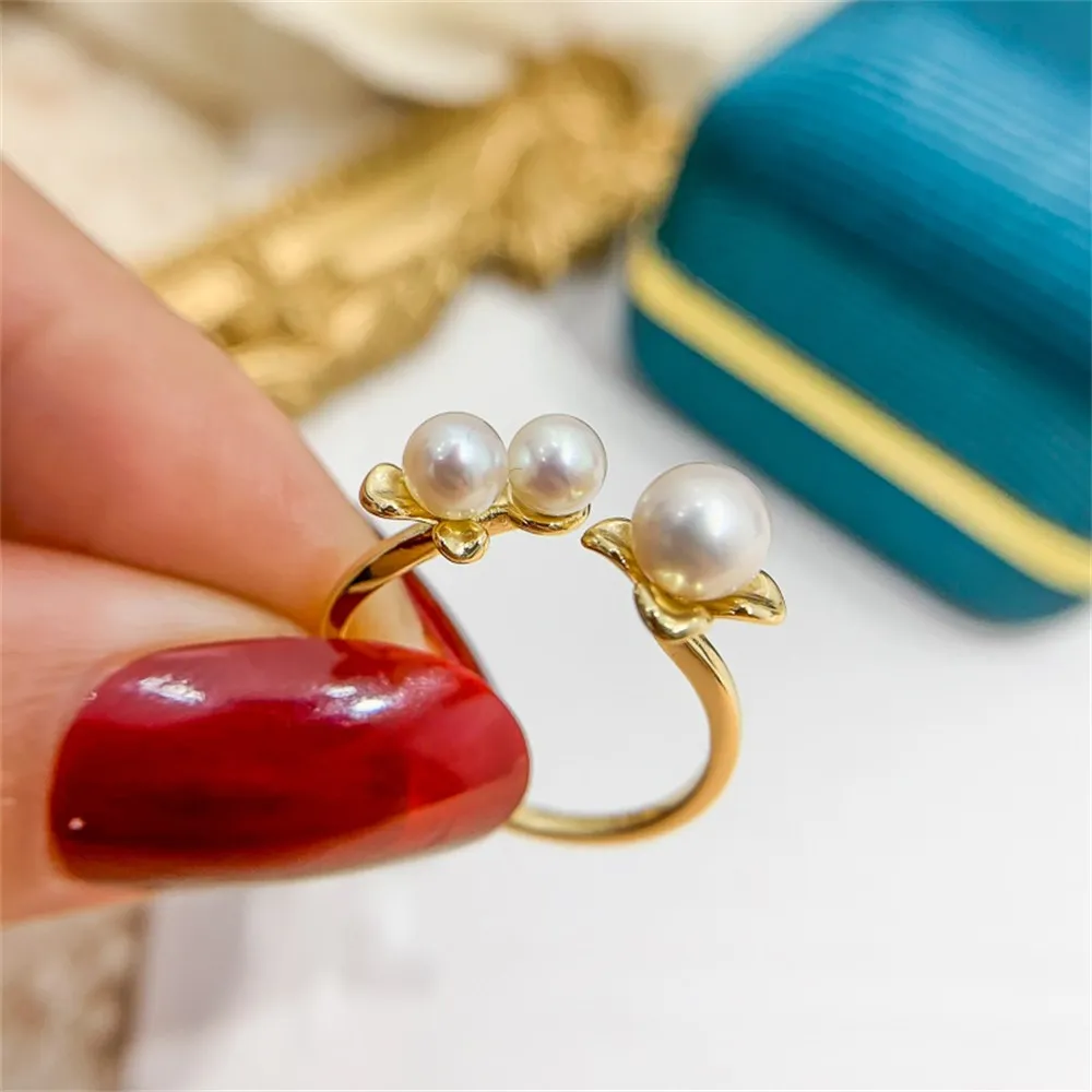 DIY Pearl Ring Accessories S925 Sterling Silver Ring with Empty Duo Bead Edition Ring Jewelry Set for Women Fit 3-6mm Round Bead