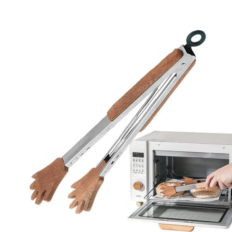 304 Stainless Steel Food Tongs, Heavy Duty Kitchen Tongs with Wooden Handle for Cooking, Grilling and BBQ, 12.2Inch Length