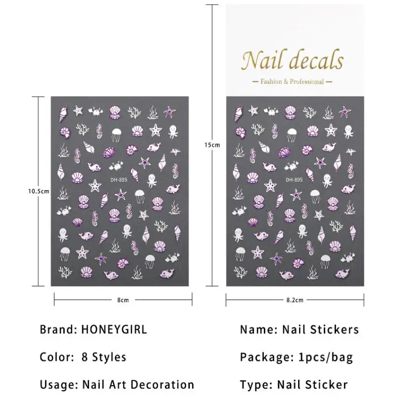 Accessori per ciondoli per unghie Adesivi per nail art con oceano dei cartoni animati Nuovo stile Decorazione per decalcomanie per unghie con conchiglie di stelle marine estive 3D