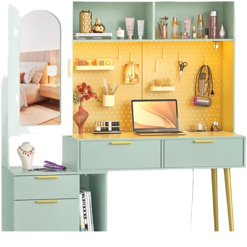 

48-Inch Dresser Cabin Charging Station LED Modern Bedroom Dresser Pin Board 5 Drawers Shelves Cabinets