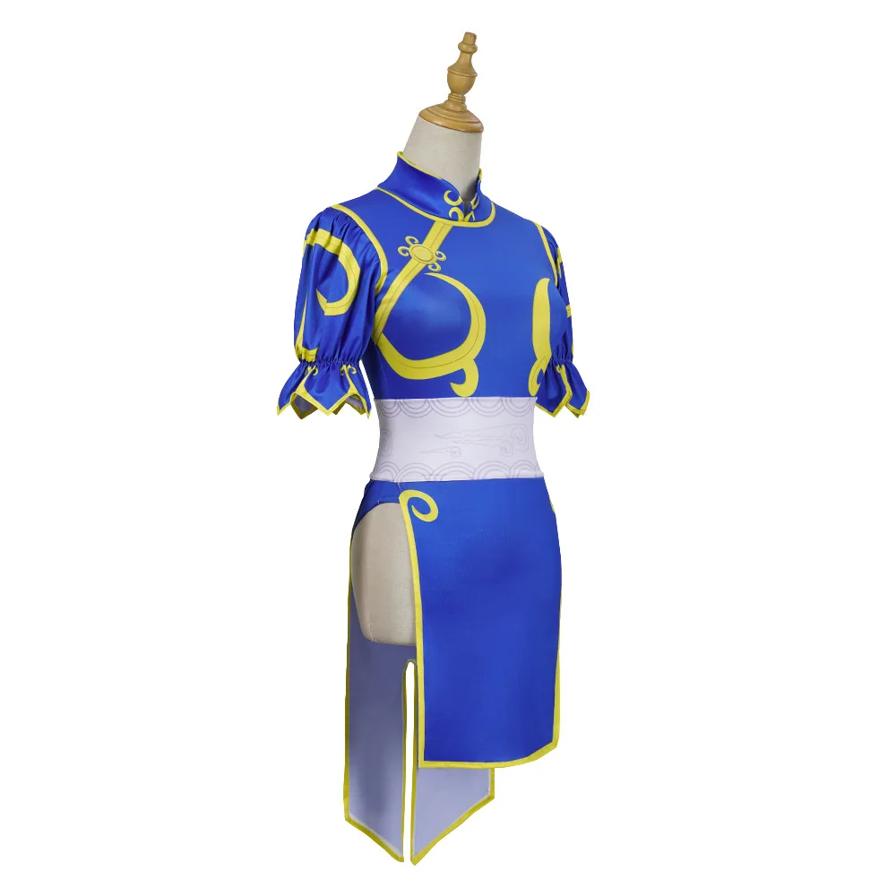 Chun Li-vestido de Cosplay, disfraz de juego SF Chunli, juego de rol, traje Qipao azul, conjunto completo de Jackie Kung fu, traje de fiesta de Halloween para diversión