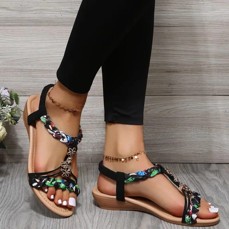 Rimocy – sandales à semelles compensées pour femmes, chaussures romaines à fleurs, antidérapantes, de plage, avec bande élastique, à talons bas,