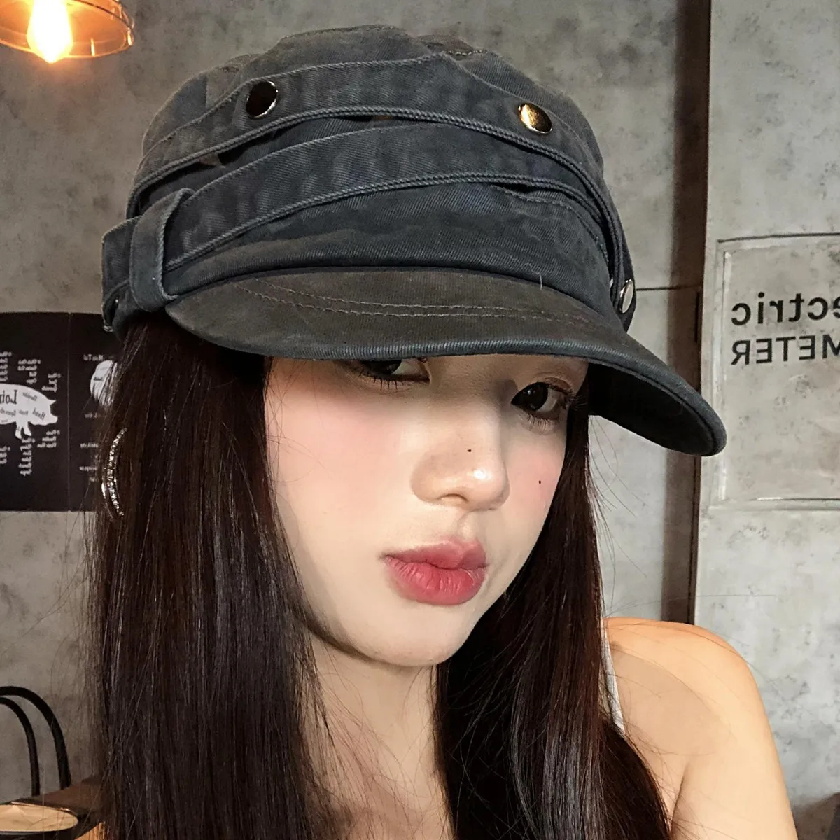 New Model Retro Vintage Rivet Flat Top Duck Tongue Caps Woman's A Sense Of Luxury Temperament Casual And Versatile Military Hats