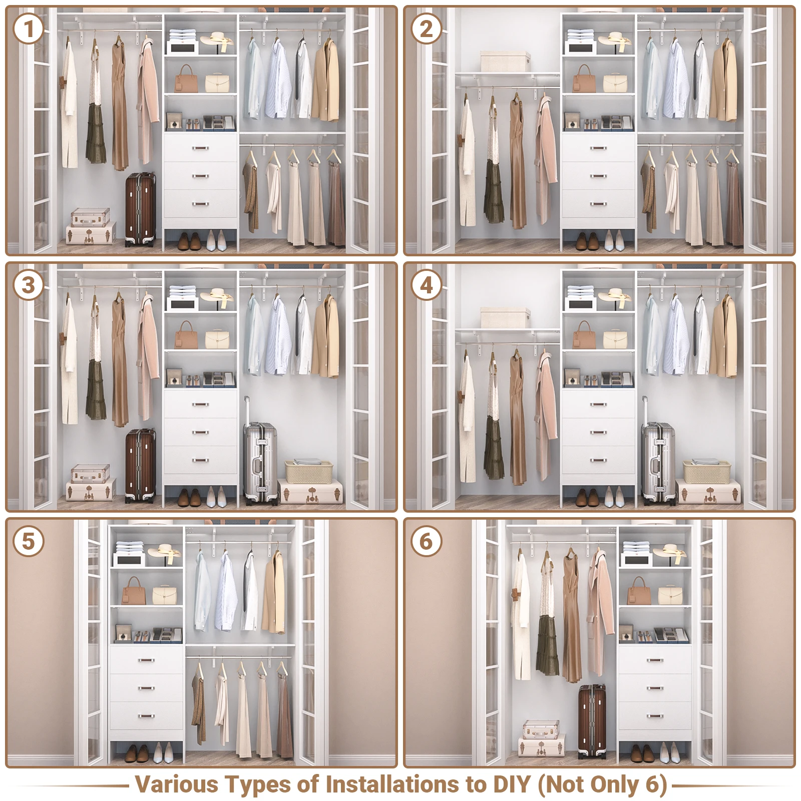 نظام خزانة عالي التحمل مقاس 96 بوصة مع 3 أدراج وأبراج رفوف، منظم خزانة المشي، رف ملابس مع قضبان تعليق #6