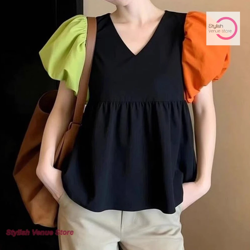 French contrast bubble sleeve top women's spring and summer new fashionable western style niche high-grade black casual shirt