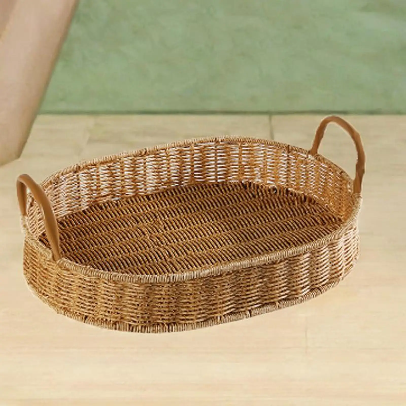 

Woven Serving Basket with Handle Tea Tray Table Desktop Organizer Tray Breakfast Tray for Snacks Towels Pastry Fruits Cosmetic