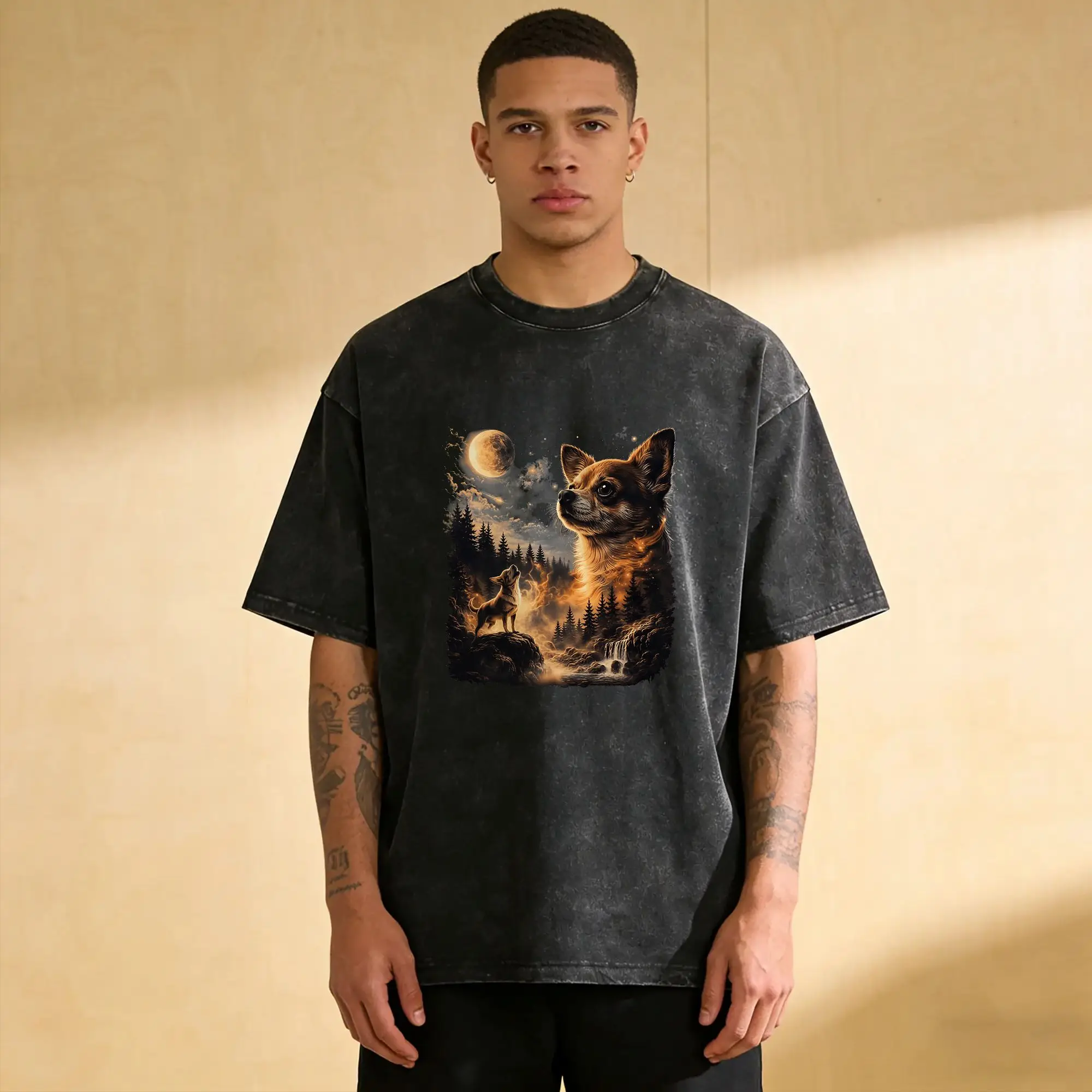 Vintage Washed T Shirt Chihuahua Howling to The Moon Simple T Shirts  Popular Tee Shirt for Man Beach Y2K Classic Casual Clothes