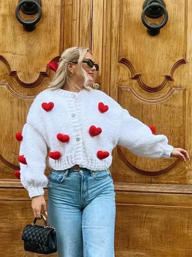 Women Fashion 3d Heart Patchwork Knit Cardigan Elegant White Long Sleeve Buttons Sweater Coat Autumn New Lady Street Outwear