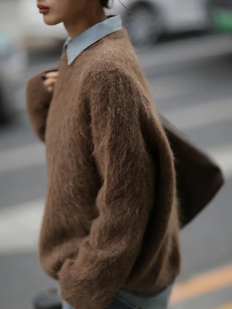 

Свитер Laziza из верблюжьей шерсти с длинным ворсом, мягкий, свободный, в стиле оверсайз, осень-зима 2023, новинка, для улицы, комфортный, с круглым вырезом