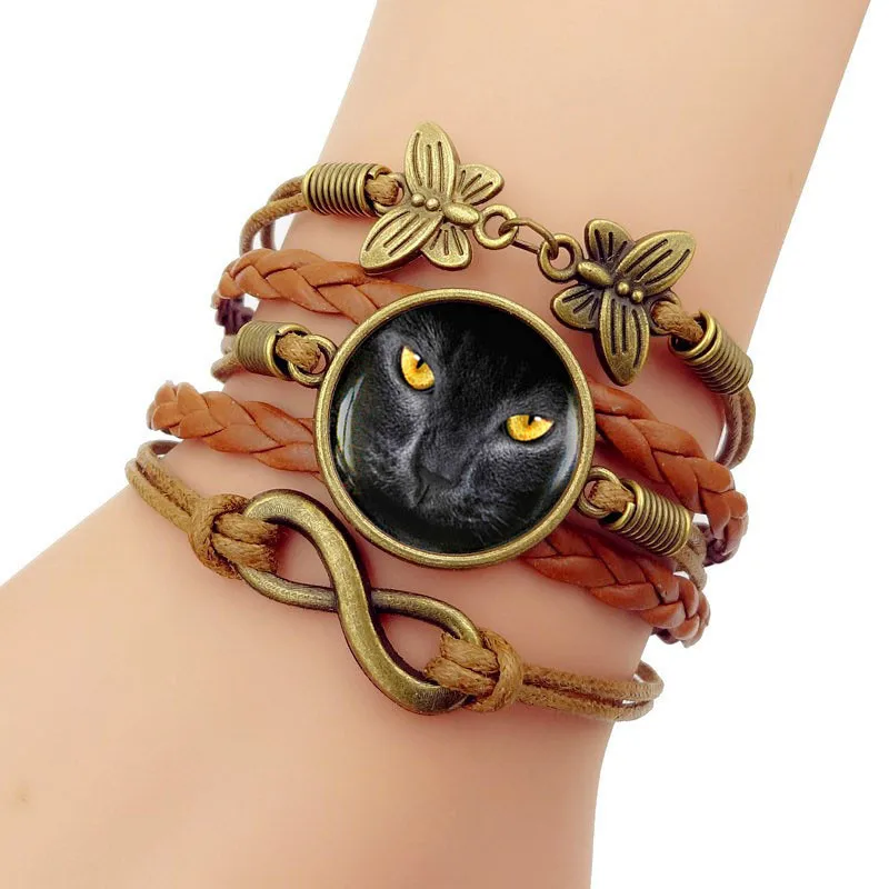 E-commerce New Product Birthday Gift Black Cat Yellow Eyes Time Gemstone Weaving Bracelet