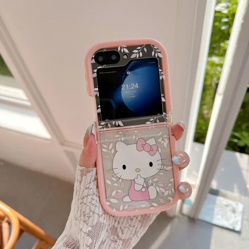 Cute Transparent Pink Flower Hello Kitty Phone Case for Samsung Galaxy Z Flip7 6 5 4 3 Shockproof with Lanyard view 5