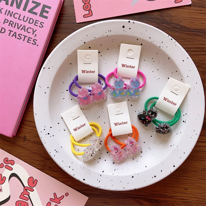 New Korean Cute Cat Children's Hair Ties Acrylic Transparent Cat Headband for Girls and Babies Spring Colored Hair Rope Headwear image 3