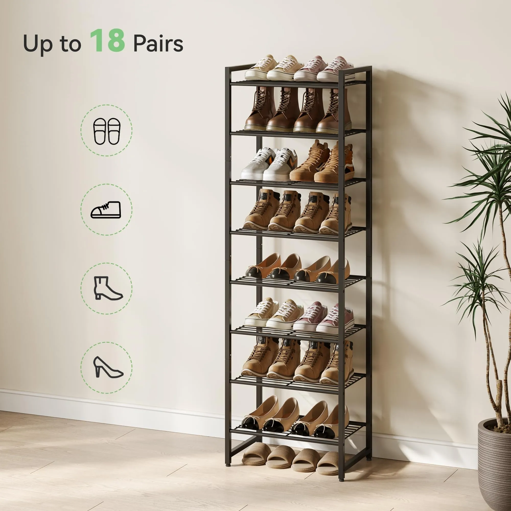 8‑Tier Tall Black Metal Shoe Rack, 18‑Pair Space‑Saving Shoe Organizer with Anti‑Tip Strap for Closet, Entryway