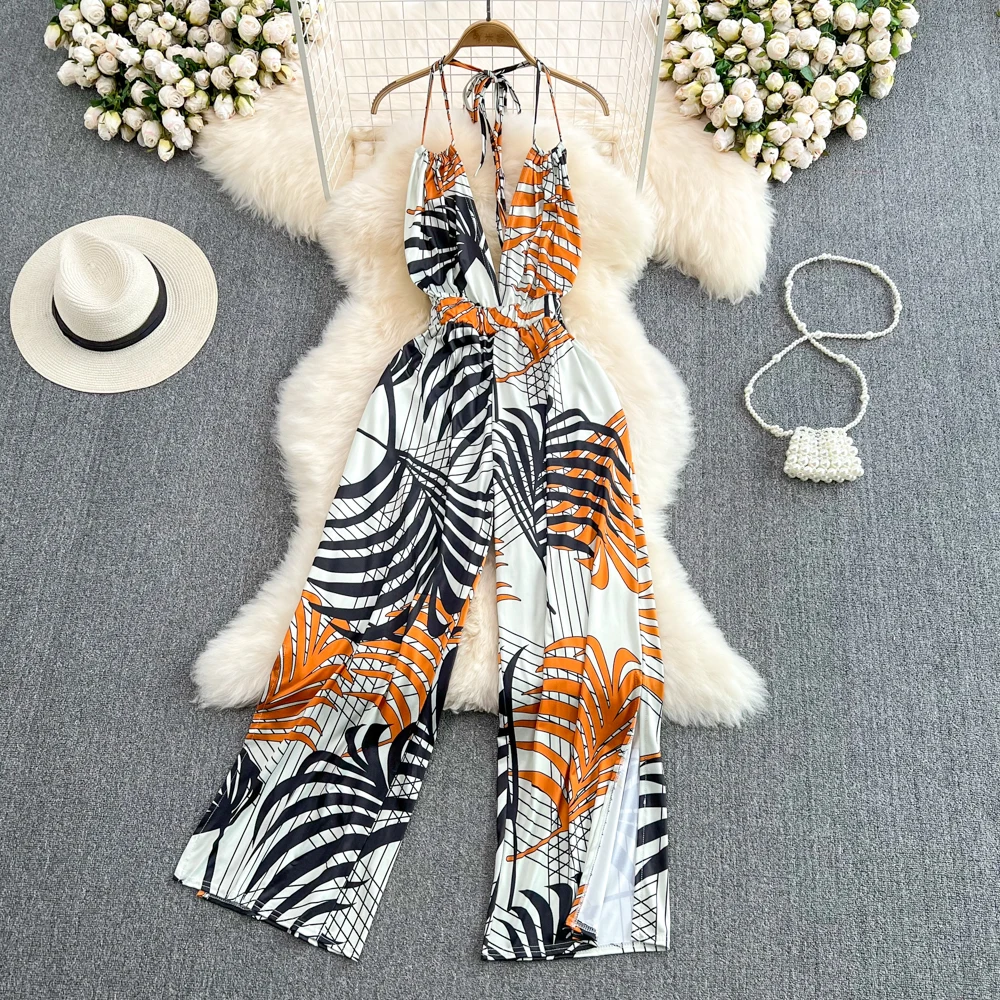 Boho 2024 floral print spaghetti strap split maxi long Jumpsuit Summer Full Length backless Casual Women beach holiday Romper