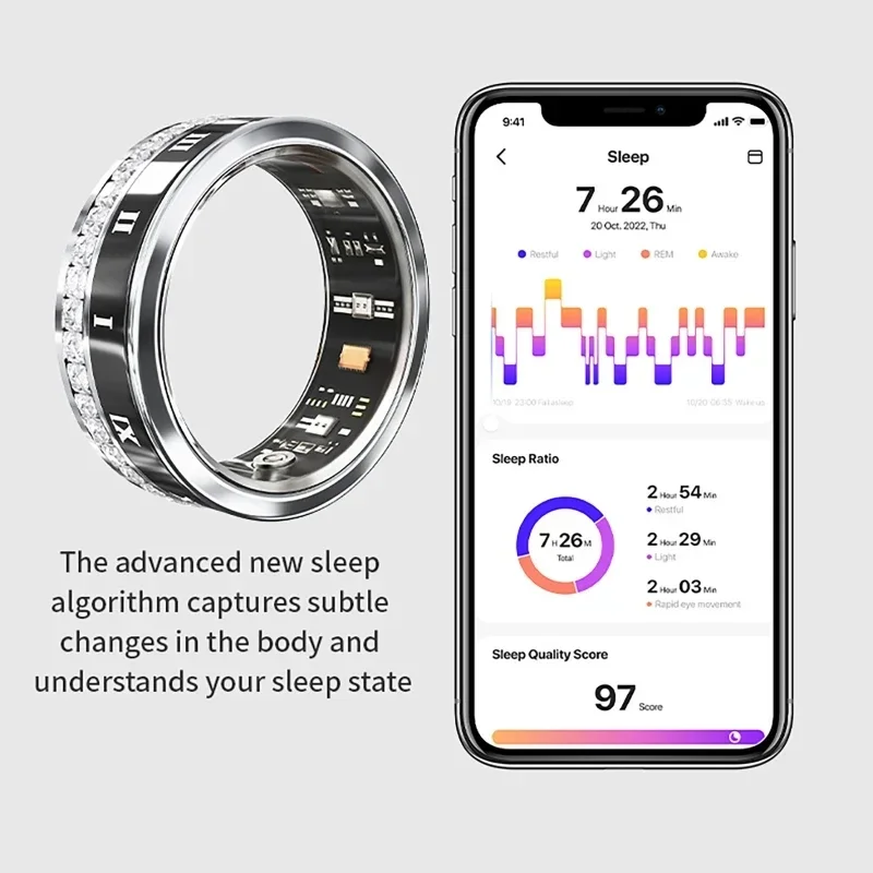 Anello intelligente con diamanti, cinturino in acciaio al titanio per uomini e donne, Bluetooth, impermeabile, passo, sonno, cardiofrequenzimetro, anello nuziale