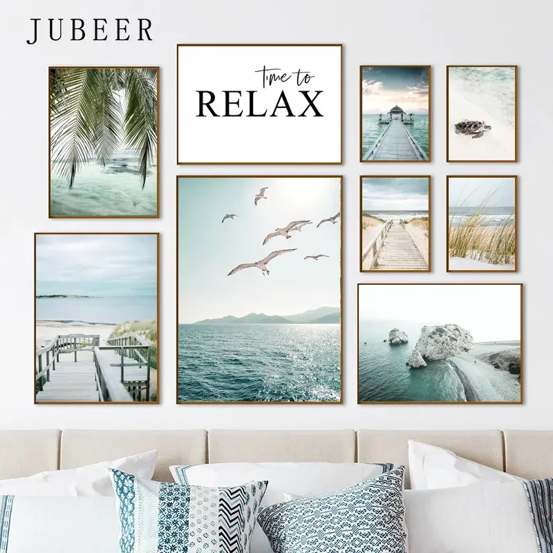 Beach Sea Ocean Poster Wall Art Diamond Painting Bridge Leaves Turtle Seagull Print Vibrant Summer Picture Nordic Home Decorat