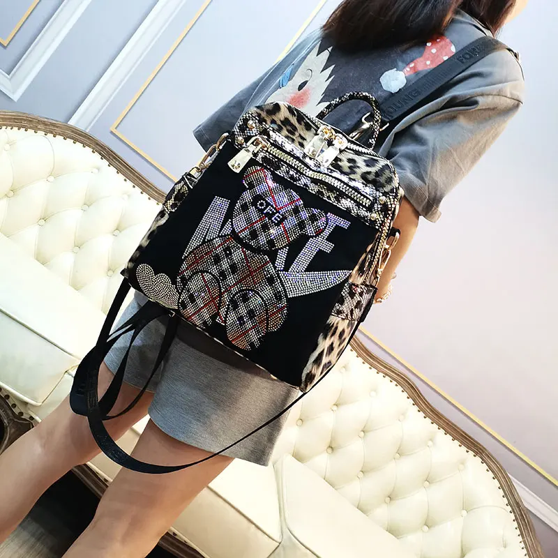 

New Designer Women's Backpack Rhinestone Bear Print Mochilas Para Mujer Luxury Ita Bag Shoulder Leopard Rucksack