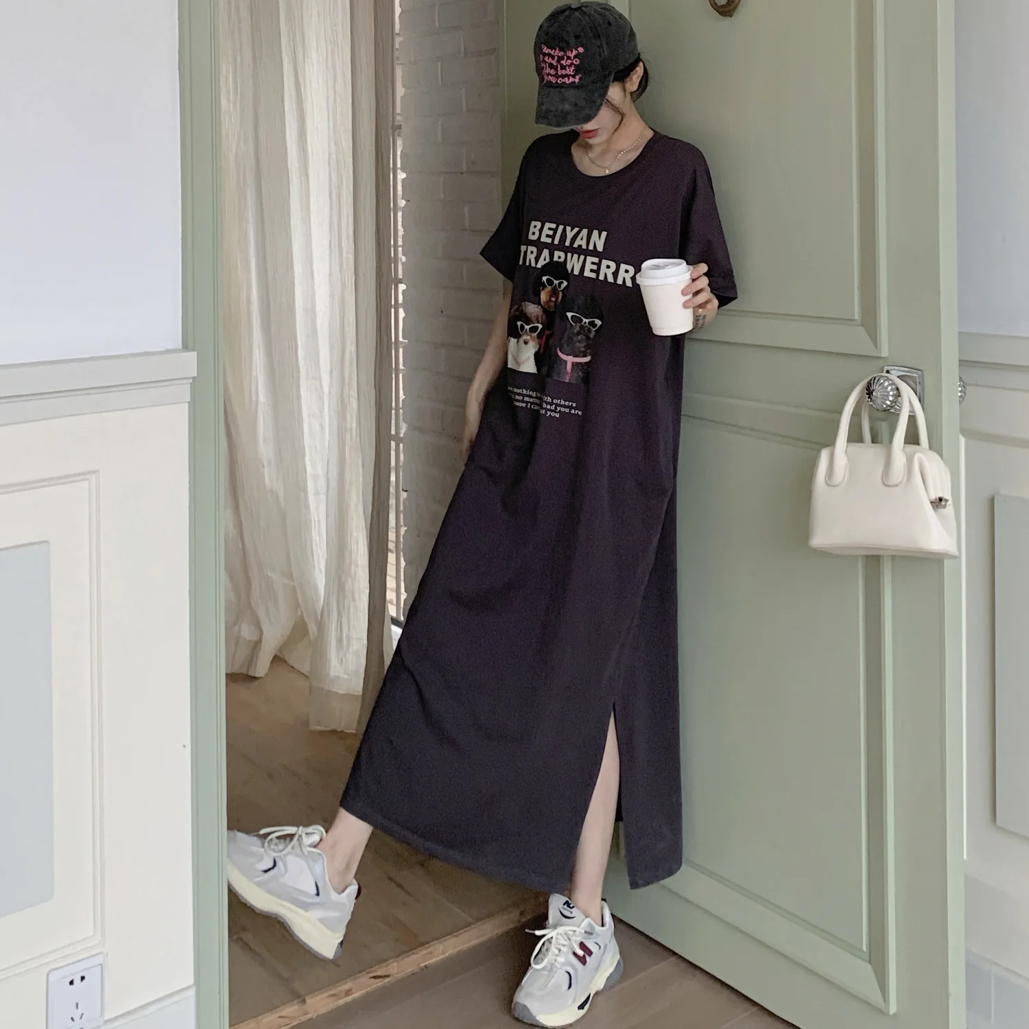 ชุดสตรีฤดูร้อนหลวมพลัสขนาดแขนสั้นการ์ตูนลูกสุนัขพิมพ์ชุดยาว Robe Ete Femme Elbise เสื้อยืดชุด