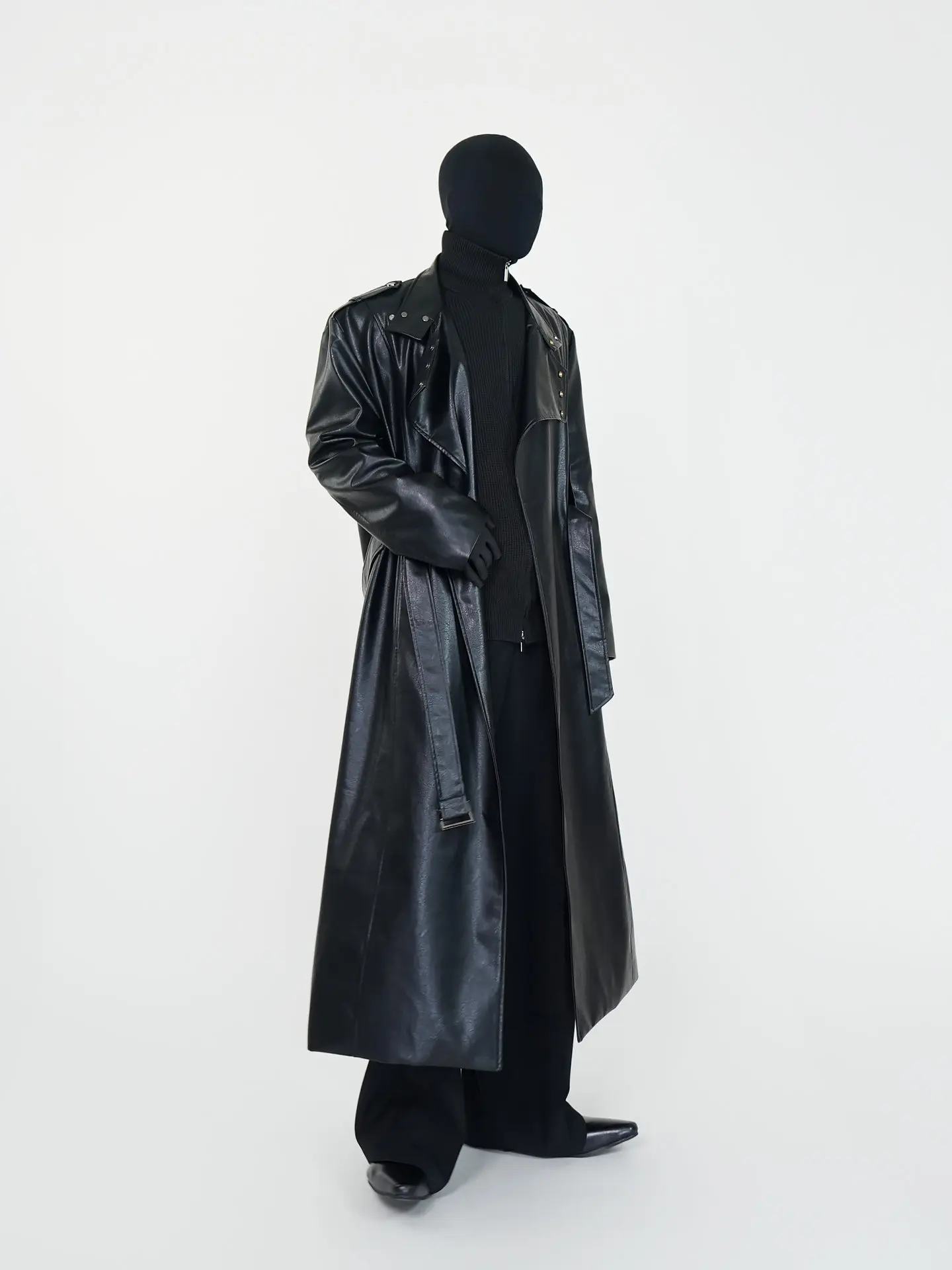 High Street Trench Coats Men's Pioneer Long Waisted PU Leather Coat Dark and High-end Silhouette and Aura Windbreaker Jackets