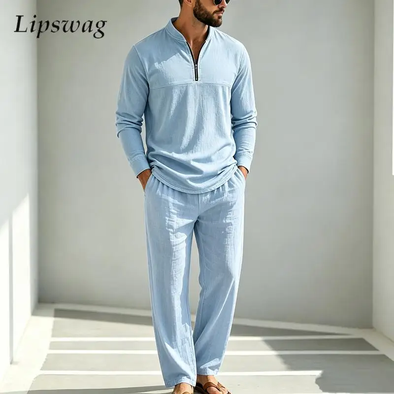 Fashionable Loose Outfits Mens Vintage Solid Color Stand Collar Two Piece Suits Men 2026 Fall Linen Long Sleeve And Pants Sets