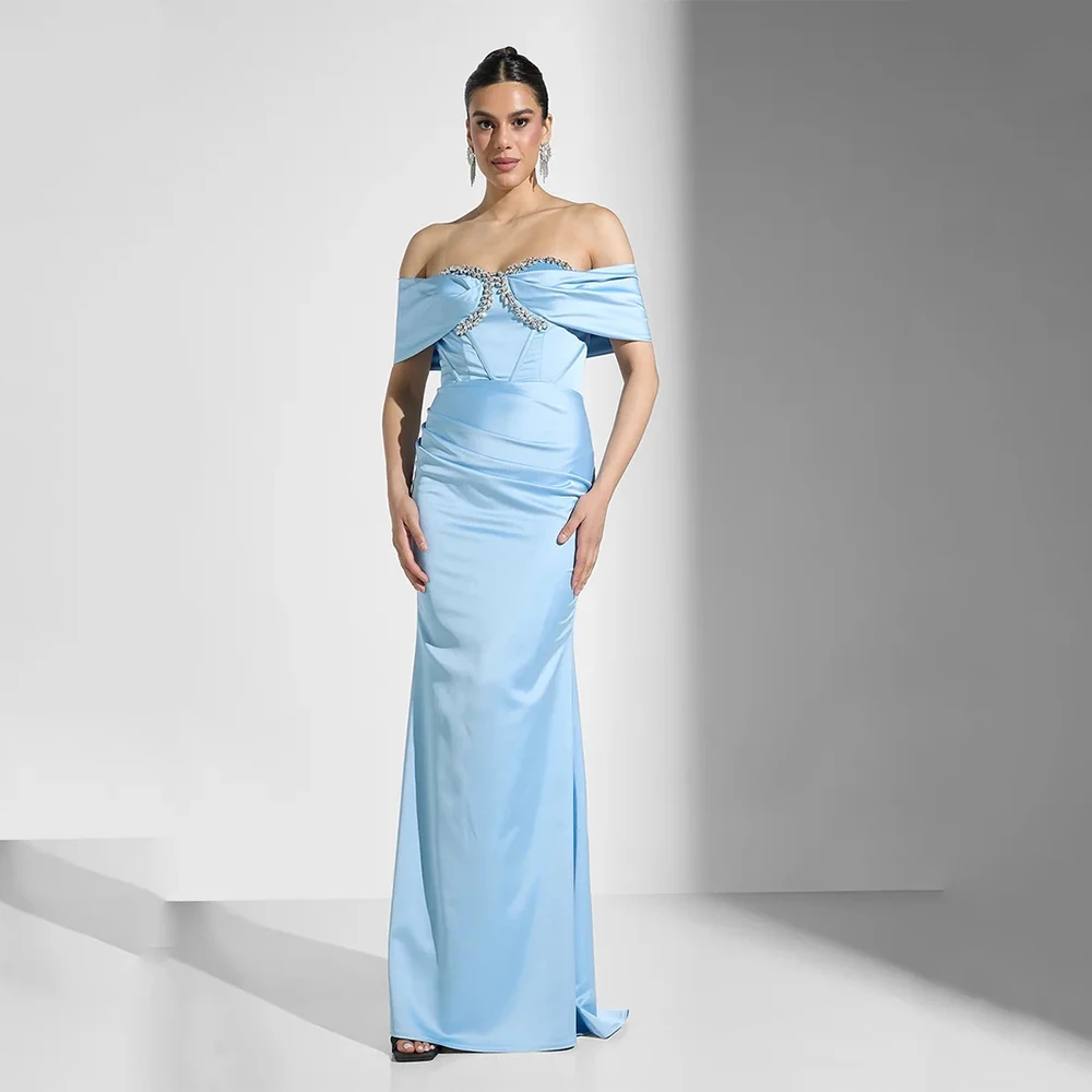 

DRESS FORU Sky Blue Elegant Evening Dresses Satin for Floor-Length Sweetheart Off the Shoulder Prom Dress Crystal Customized