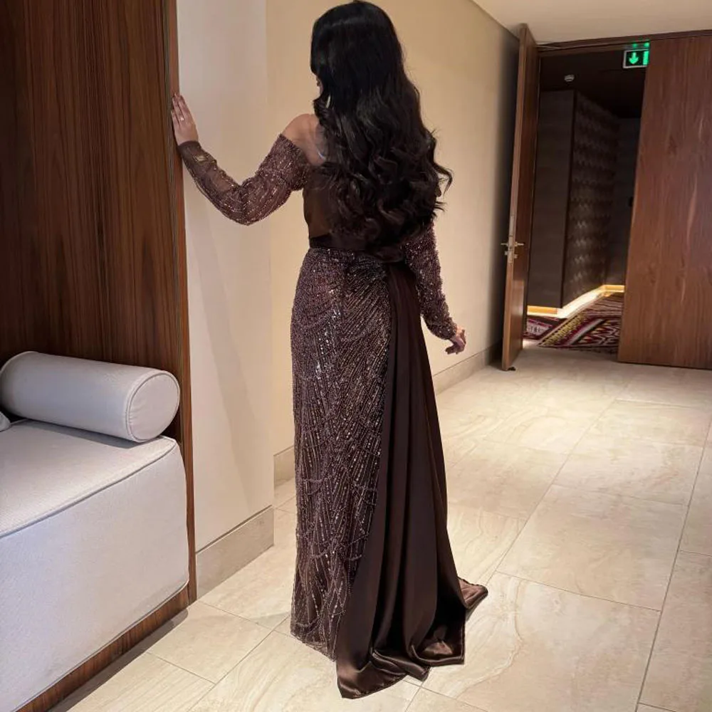 Customized Brown Off the Shoulder Dress with Sequin Embroidery Evening Gown Side Train فستان سهرة نسائي