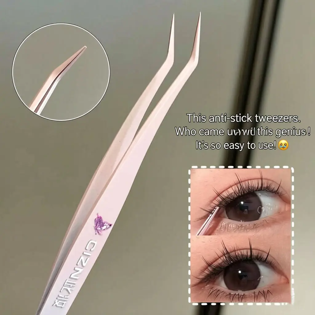 Anti Glue Curved False Eyelash Tweezers Nano Non Stick Coating Matte Anti Static Long Handle Precision Lash Applicator