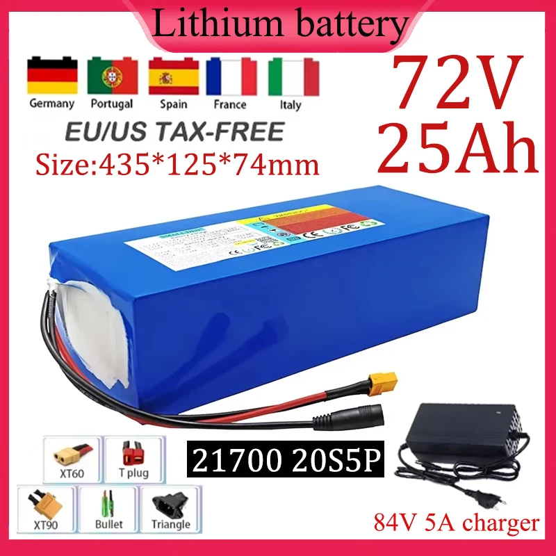 72V 25Ah 21700 20S5P lithium battery pack 25000mAh built-in 40A BMS for 0-2800W high-power electric motor high quality+charger