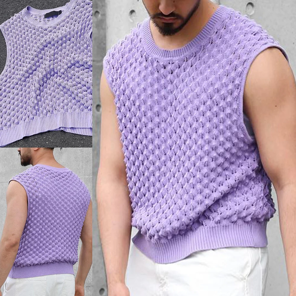 Summer Vacation Clothing Men - Purple Knitted Mesh Tank Top Men