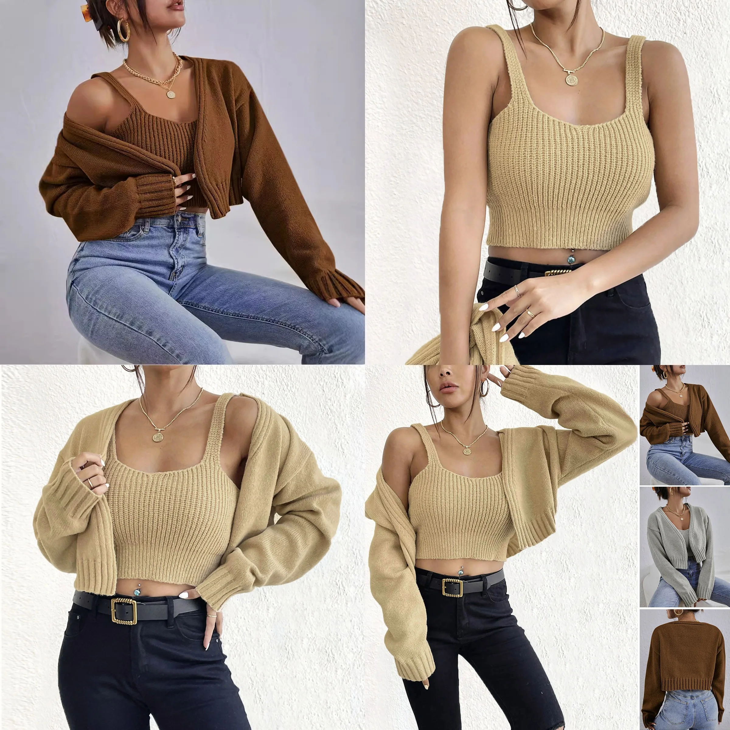 Kurzes Cardigan-Set für Damen, Strickpullover, Weste, Crop-Top, zweiteiliges Set, Frühling, Sommer, Freizeitoutfits