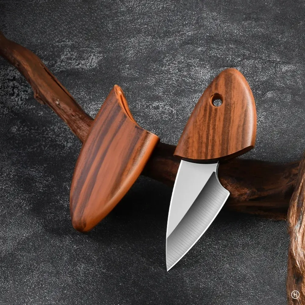 EDC Mini Pocket Knife Wood Handle Stainless Steel Blade Small Fruit Knife with Matching Wooden Sheath for Camping Hiking