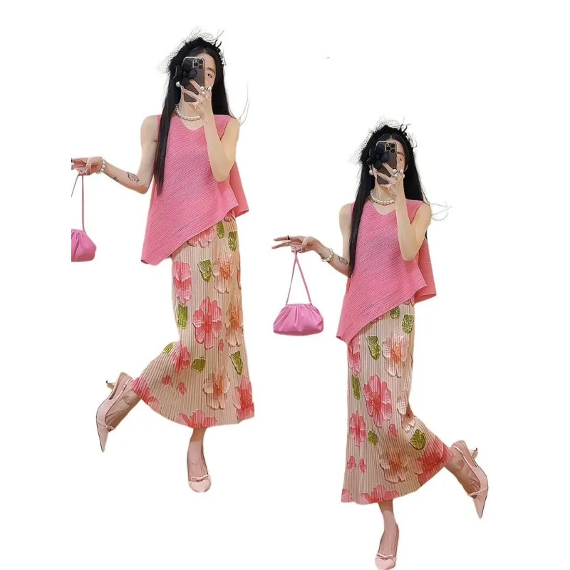 Women's Suits Summer Tops Design Pink Round Neck Sleeveless Irregular Pleated T-shirt Printed Elastic Waist Loose Long Skirts