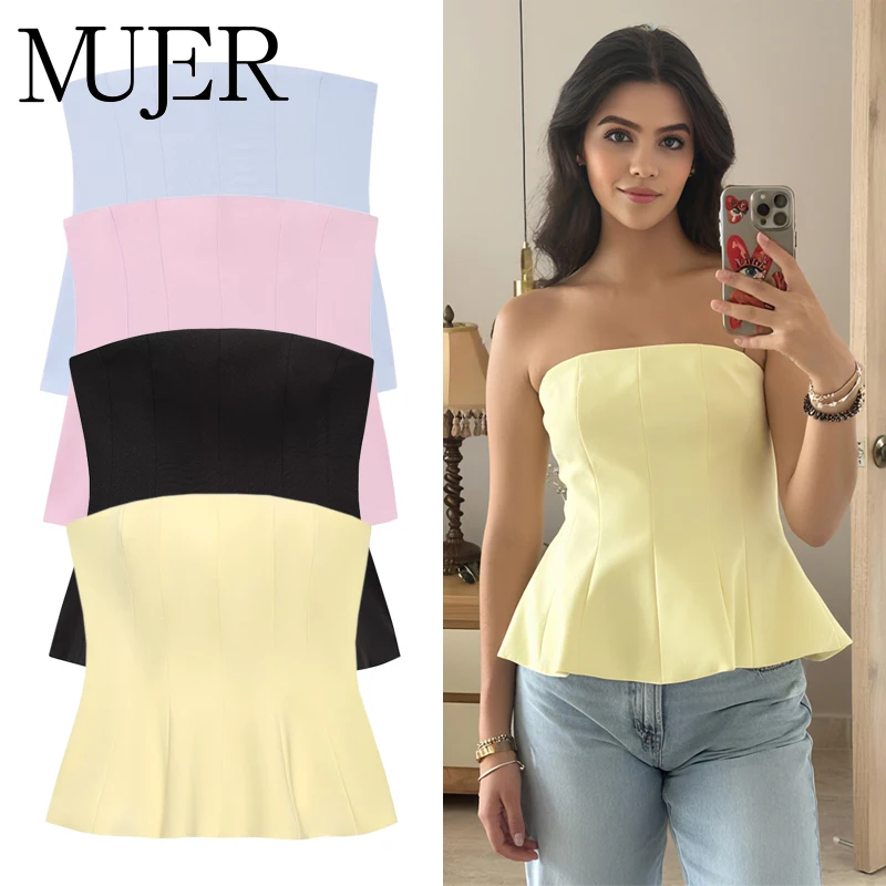

MUJER 2025 г., корсетные топы-трубы для женщин, укороченный топ с открытыми плечами, женский сексуальный топ на бретелях с открытой спиной, желтый, черный, женские топы-бюстье